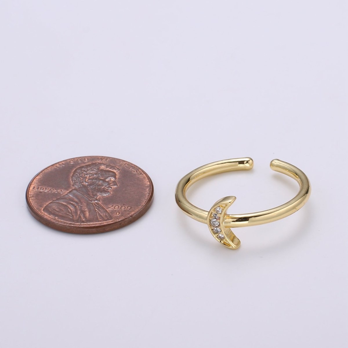 1pc Cresent Moon CZ 24k Gold Ring, Moon Cubic Pave Adjustable Gold Curb Ring, Simple Ring, Clear Cubic Zirconia R316 - DLUXCA
