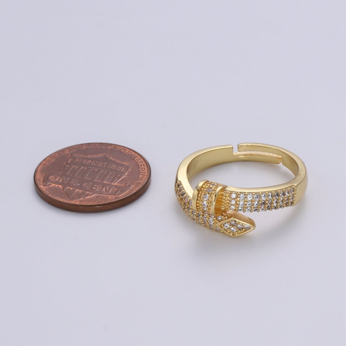 1pc CZ Pave Spiral 24K Ring, Diamond Cut Buckle Cubic Adjustable Gold Curb Ring, Simple Overlap Ring, Clear Cubic Zirconia R537 - DLUXCA