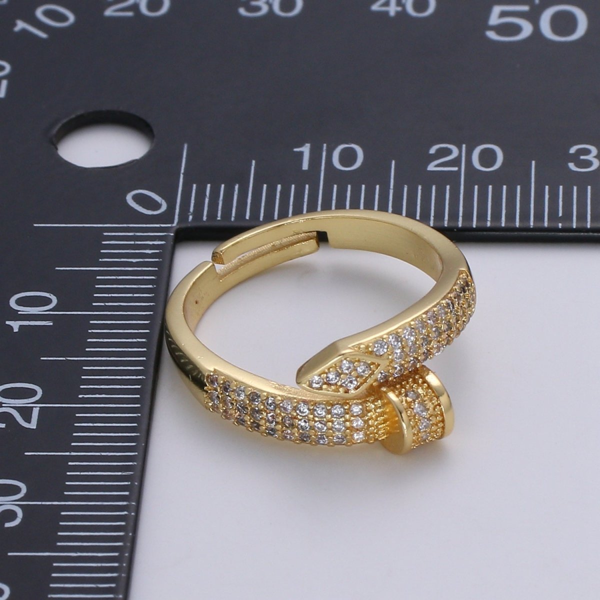 1pc CZ Pave Spiral 24K Ring, Diamond Cut Buckle Cubic Adjustable Gold Curb Ring, Simple Overlap Ring, Clear Cubic Zirconia R537 - DLUXCA