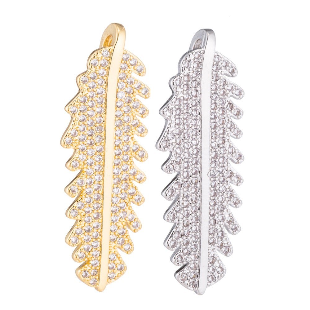 1pc Gold Bird's Feather, Cubic Zirconia Pendant Charm C-046 - DLUXCA
