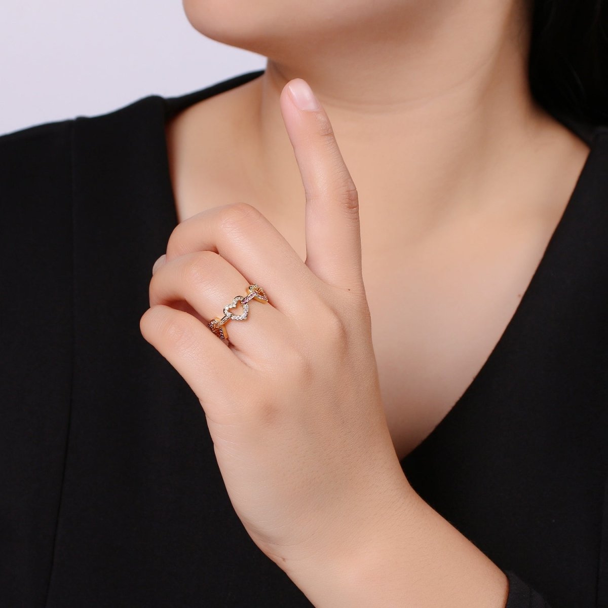 1pc Multi color CZ Love 24K Gold Ring, Heart Cubic Adjustable Gold Curb Ring, Simple Ring, Beautiful Cubic Zirconia Ring,R-463 - DLUXCA