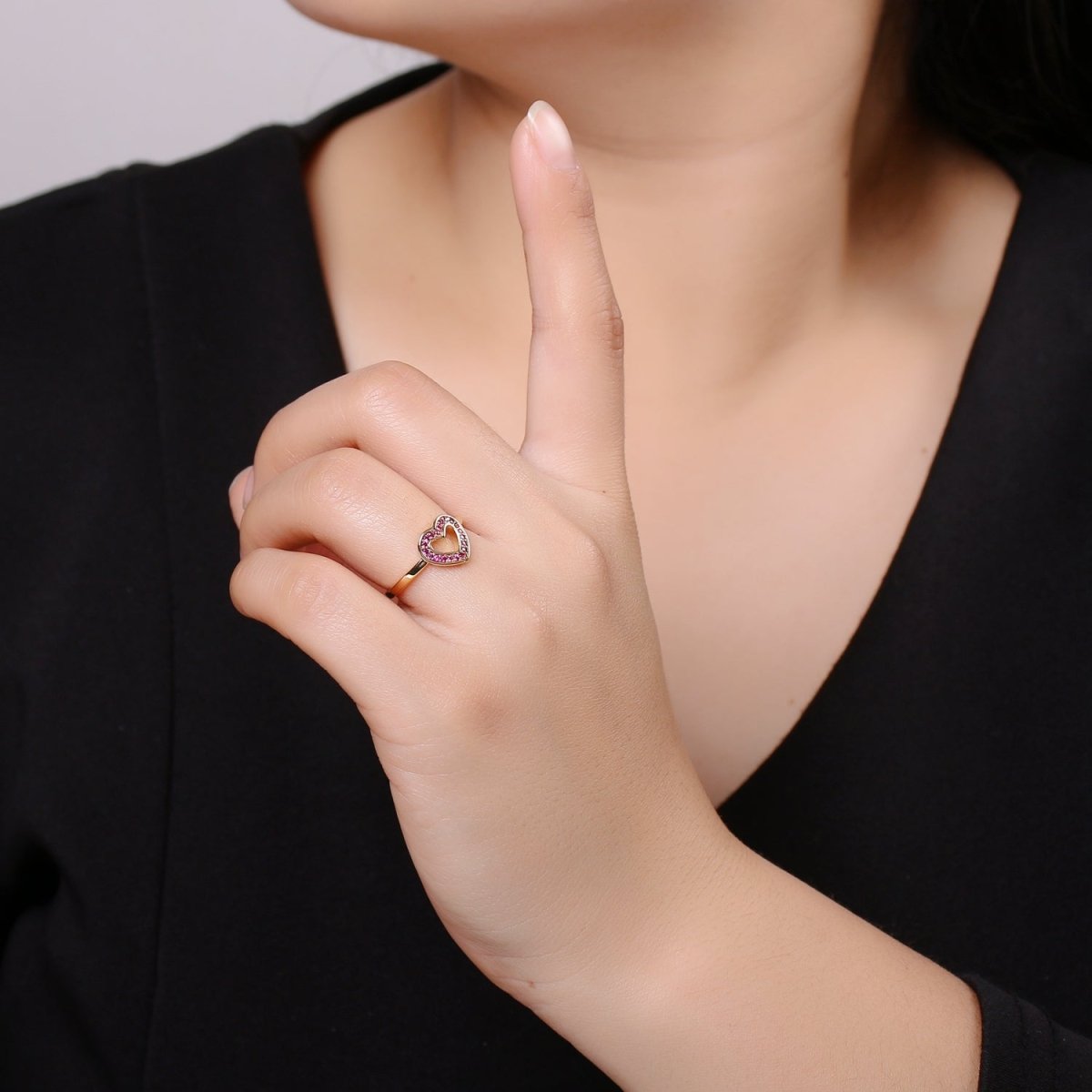 1pc Red Ruby CZ Love 18k Gold Ring, Heart Cubic Adjustable Gold Curb Ring, Simple Ring, Clear Cubic Zirconia R307 - DLUXCA