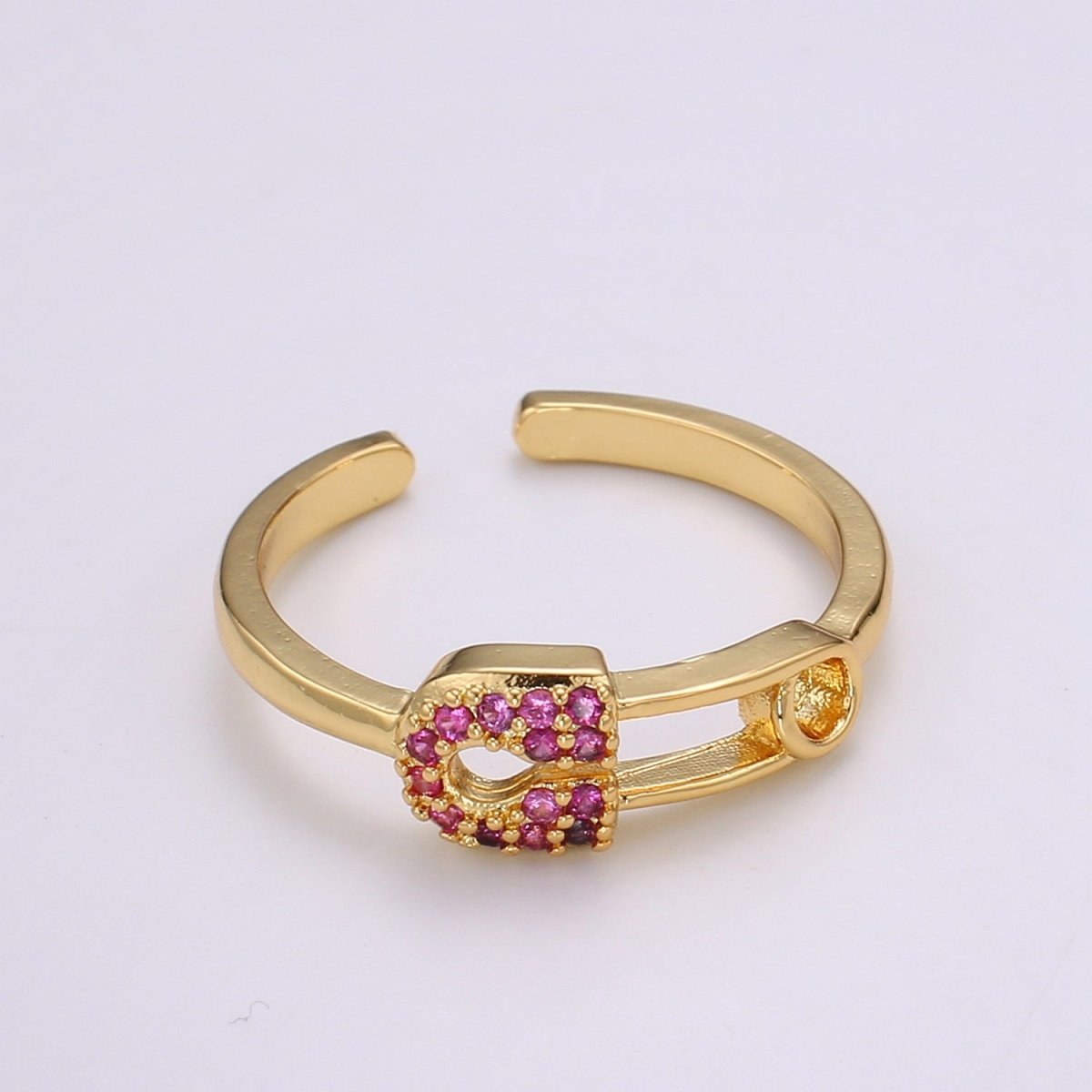 1pc Red Ruby CZ Pin 24k Gold Ring, Safety Pin Cubic Adjustable Gold Curb Ring, Simple Ring, Red Cubic Zirconia R312 - DLUXCA