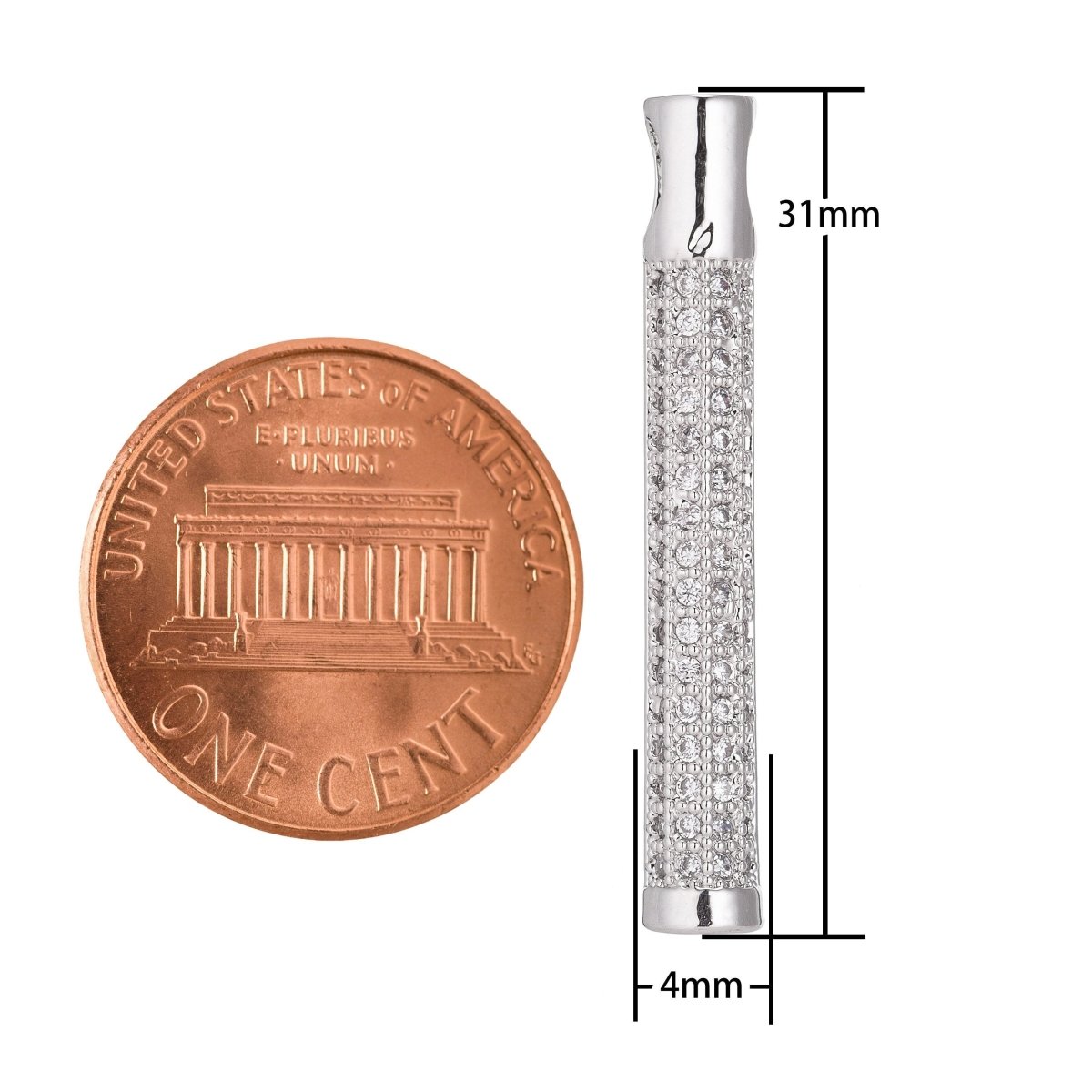 1pc Rhodium White Gold Baton Charm, Cubic Zirconia Necklace Pendant Micro Pave Charm Findings for Jewelry Making - DLUXCA