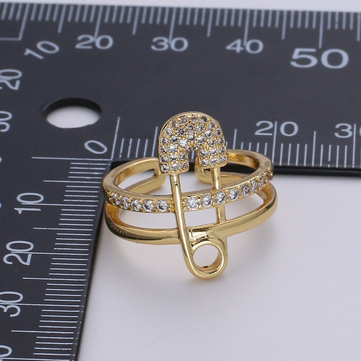 1pc Safety Pin Pave CZ 24K Gold Plated Ring, Cubic Adjustable Gold Curb Ring, Simple Ring, Clear Cubic Zirconia R525 - DLUXCA