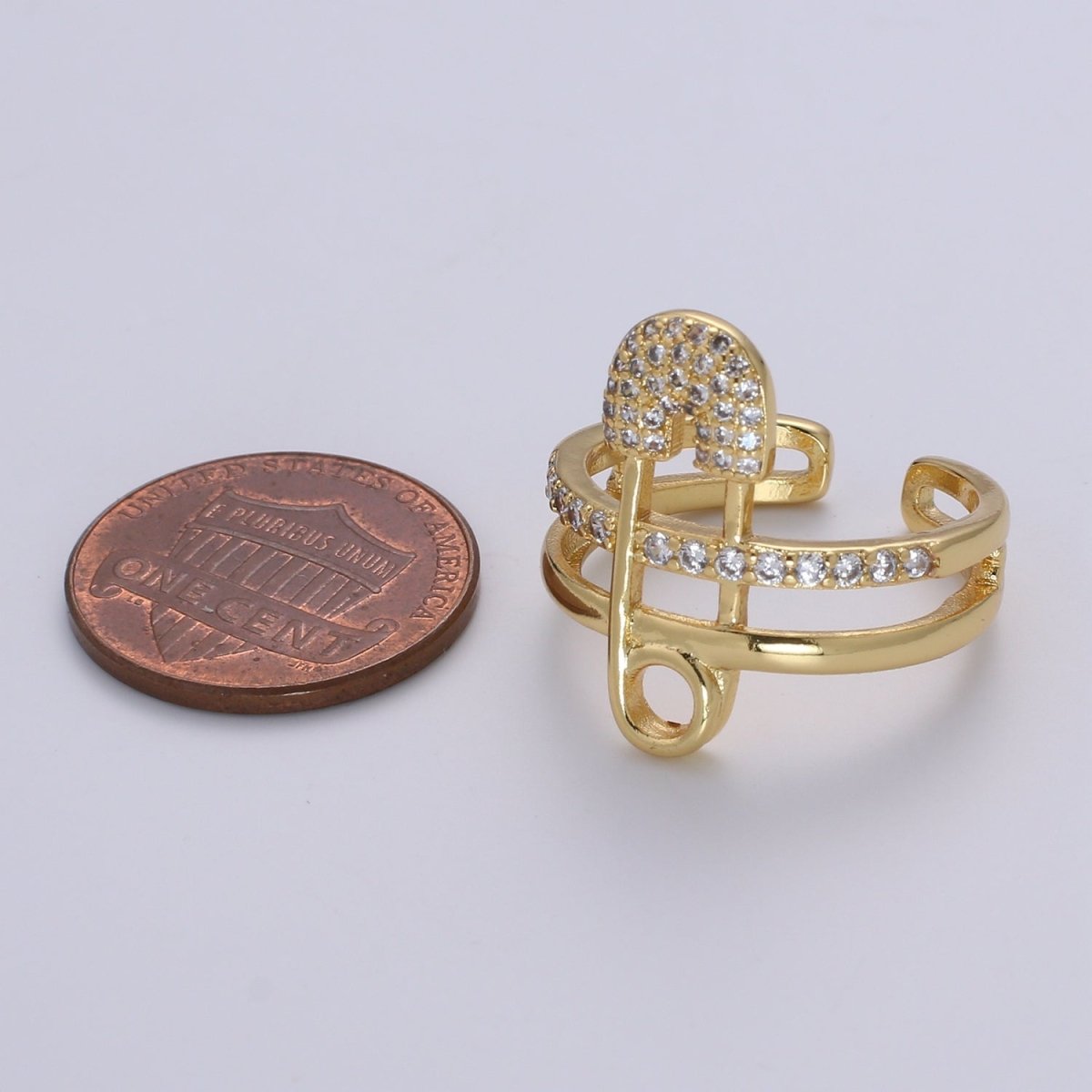 1pc Safety Pin Pave CZ 24K Gold Plated Ring, Cubic Adjustable Gold Curb Ring, Simple Ring, Clear Cubic Zirconia R525 - DLUXCA