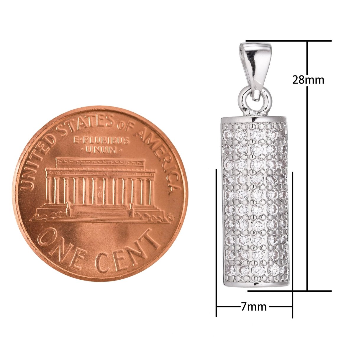 1pc Silver Cylinder Charm, Cubic Zirconia Necklace Pendant Charm Bead Bails Findings for Jewelry Making, PDGF-941/I-5 - DLUXCA