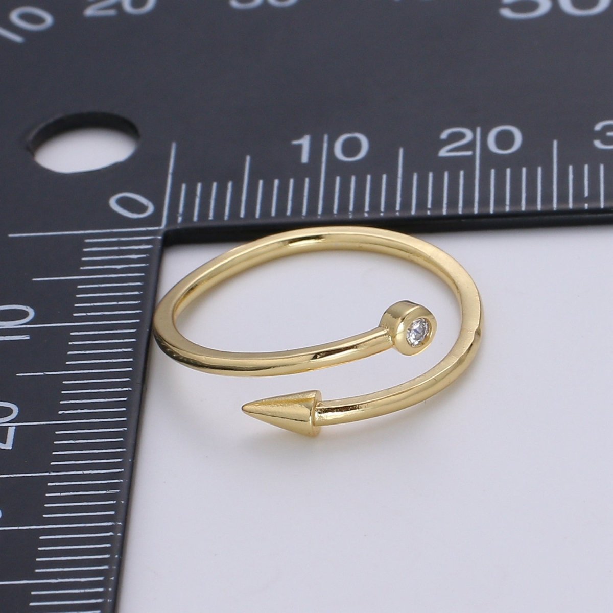 1pc Solitaire CZ Arrow 24K Ring, Pendulum Adjustable Gold Curb Ring, Simple Overlap Ring, Clear Cubic Zirconia R523 - DLUXCA