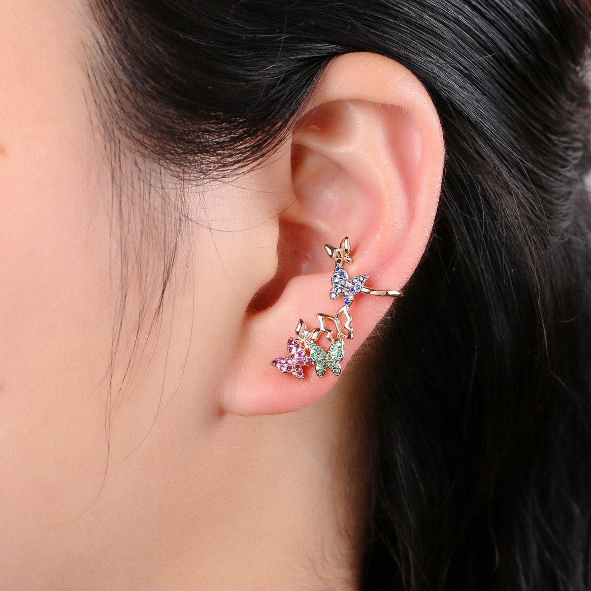 1x Butterfly earrings, Gold butterfly stud earrings, ear climbers, Colorful Rainbow earrings, butterfly ear climbers, vine ear climbers AI-141 - DLUXCA