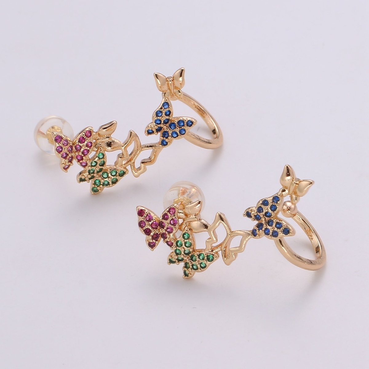 1x Butterfly earrings, Gold butterfly stud earrings, ear climbers, Colorful Rainbow earrings, butterfly ear climbers, vine ear climbers AI-141 - DLUXCA