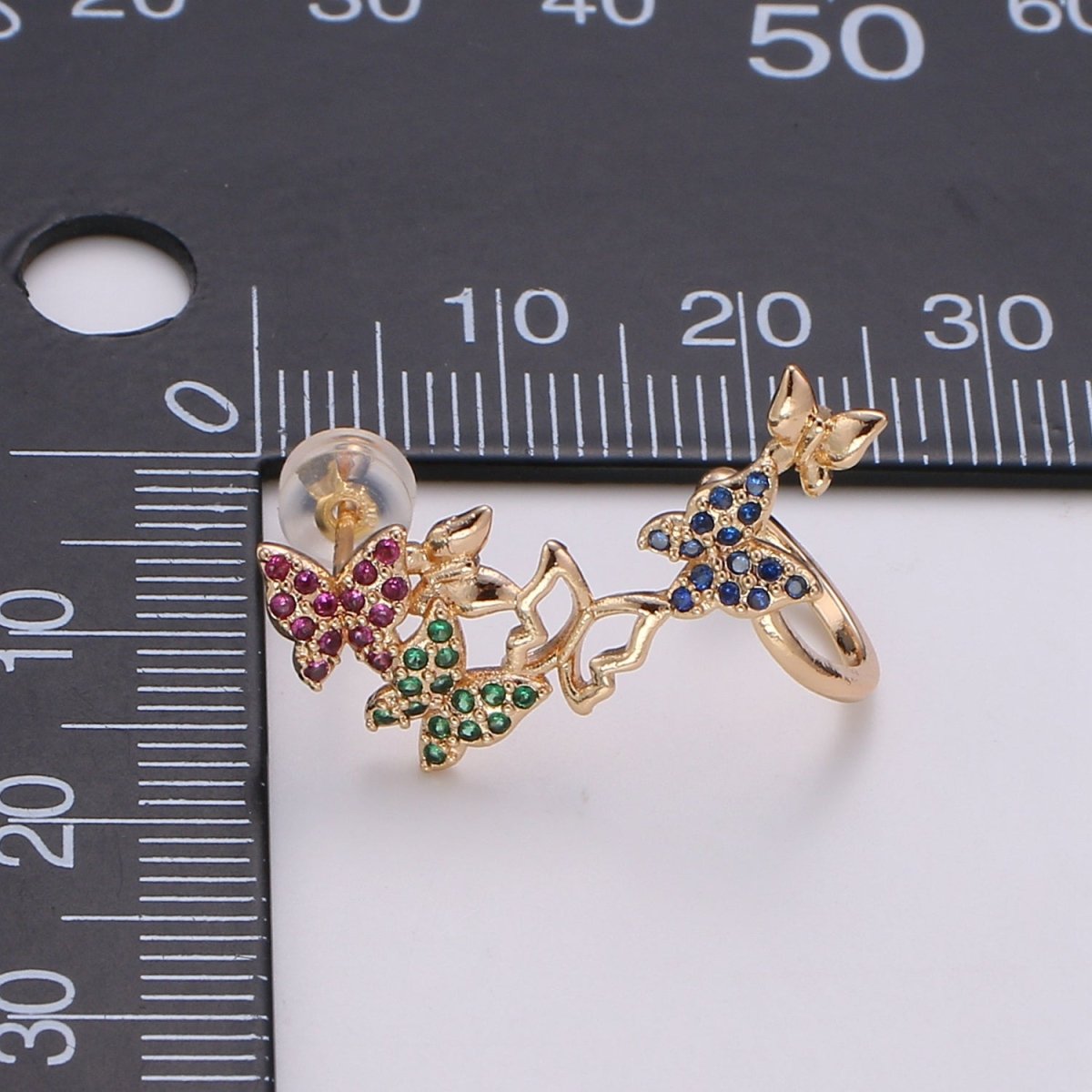 1x Butterfly earrings, Gold butterfly stud earrings, ear climbers, Colorful Rainbow earrings, butterfly ear climbers, vine ear climbers AI-141 - DLUXCA