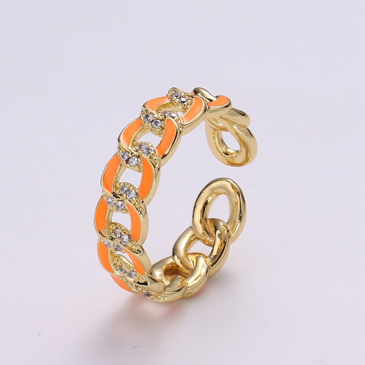 1X CZ Colorful Enamel Rings Gold Curb Chain Statement Ring, Chunky Chain Ring, Stackable Open Adjustable Ring Pink White black Green Yellow - DLUXCA