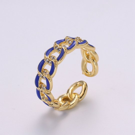 1X CZ Colorful Enamel Rings Gold Curb Chain Statement Ring, Chunky Chain Ring, Stackable Open Adjustable Ring Pink White black Green Yellow - DLUXCA