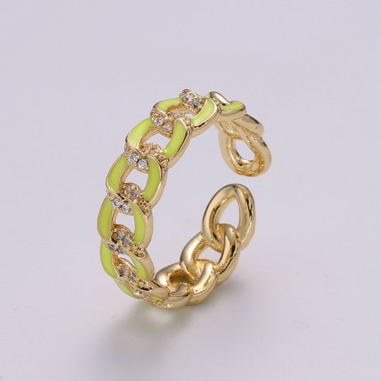 1X CZ Colorful Enamel Rings Gold Curb Chain Statement Ring, Chunky Chain Ring, Stackable Open Adjustable Ring Pink White black Green Yellow - DLUXCA