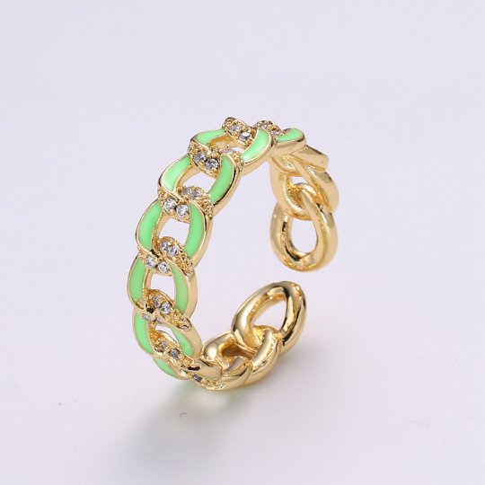 1X CZ Colorful Enamel Rings Gold Curb Chain Statement Ring, Chunky Chain Ring, Stackable Open Adjustable Ring Pink White black Green Yellow - DLUXCA