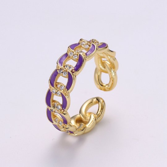 1X CZ Colorful Enamel Rings Gold Curb Chain Statement Ring, Chunky Chain Ring, Stackable Open Adjustable Ring Pink White black Green Yellow - DLUXCA