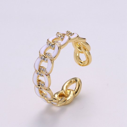1X CZ Colorful Enamel Rings Gold Curb Chain Statement Ring, Chunky Chain Ring, Stackable Open Adjustable Ring Pink White black Green Yellow - DLUXCA