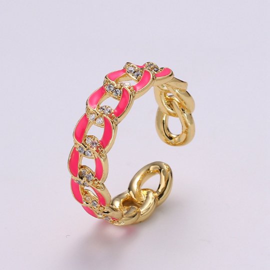 1X CZ Colorful Enamel Rings Gold Curb Chain Statement Ring, Chunky Chain Ring, Stackable Open Adjustable Ring Pink White black Green Yellow - DLUXCA