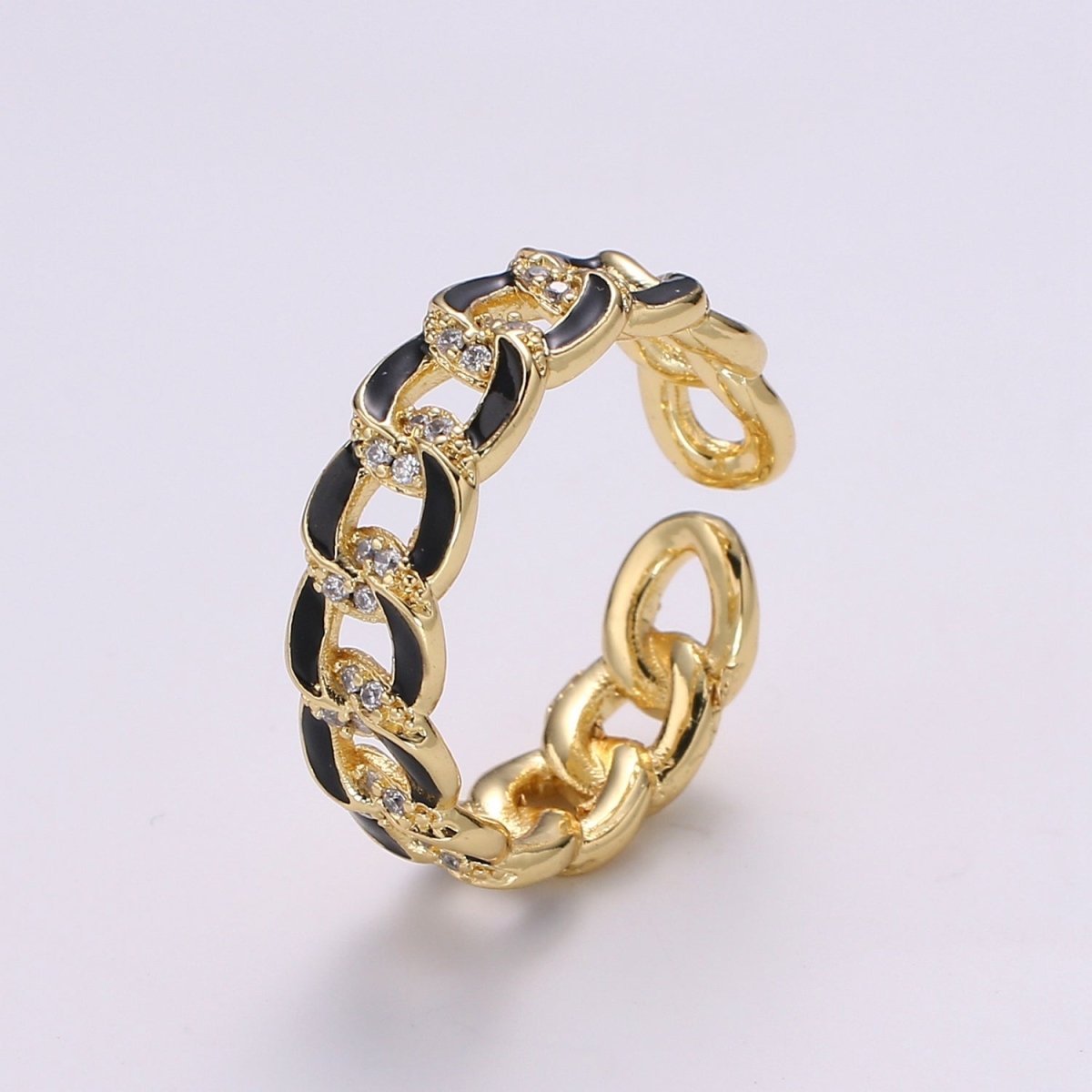 1X CZ Colorful Enamel Rings Gold Curb Chain Statement Ring, Chunky Chain Ring, Stackable Open Adjustable Ring Pink White black Green Yellow - DLUXCA