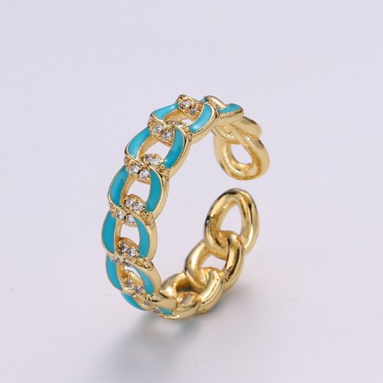1X CZ Colorful Enamel Rings Gold Curb Chain Statement Ring, Chunky Chain Ring, Stackable Open Adjustable Ring Pink White black Green Yellow - DLUXCA