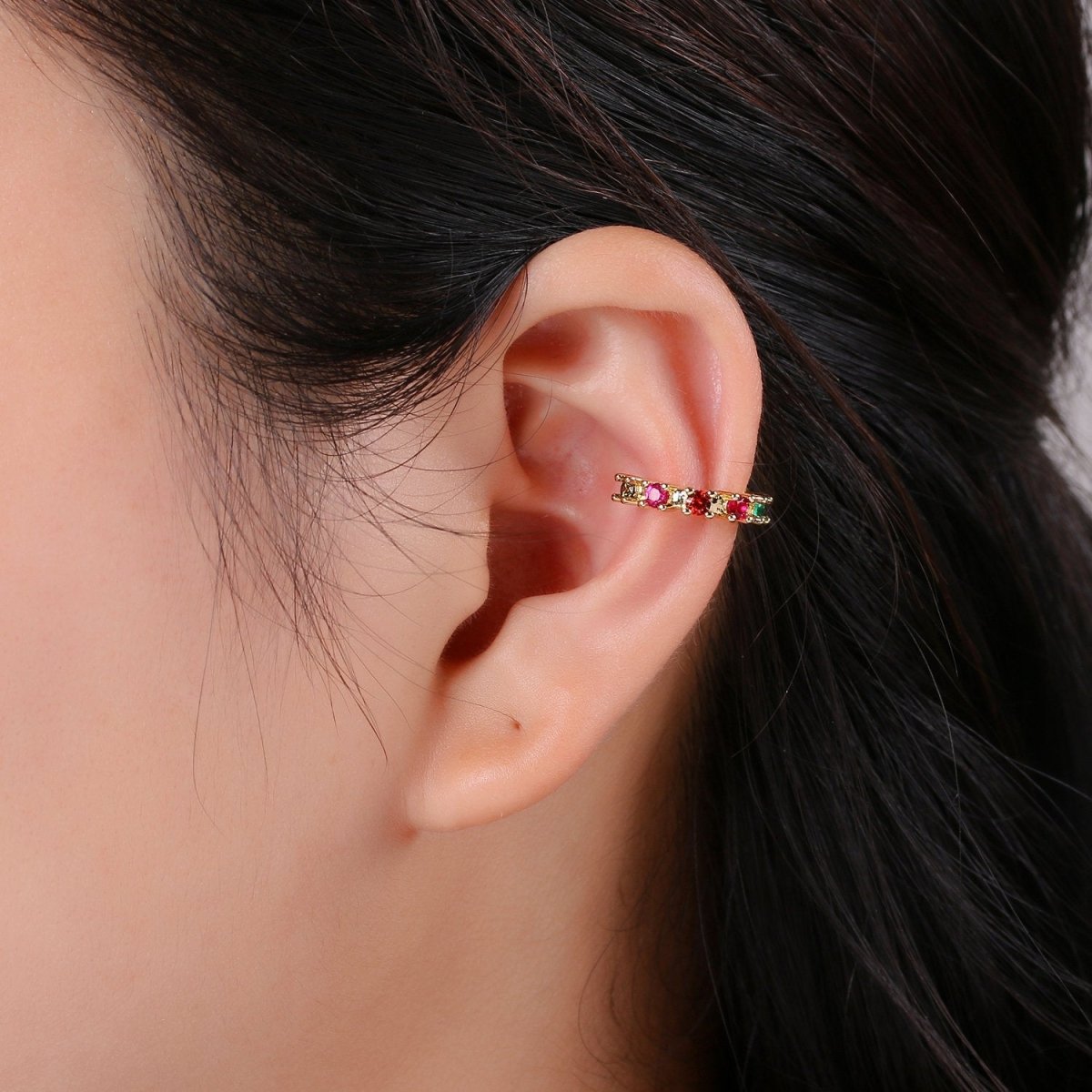 1x Dainty Gold ear cuff, Cubic ear cuff, Rainbow CZ gold ear cuff, Colorful ear cuff Non pierced ear cuff, Conch ear cuff, gold wrap earring | AI-105 - DLUXCA
