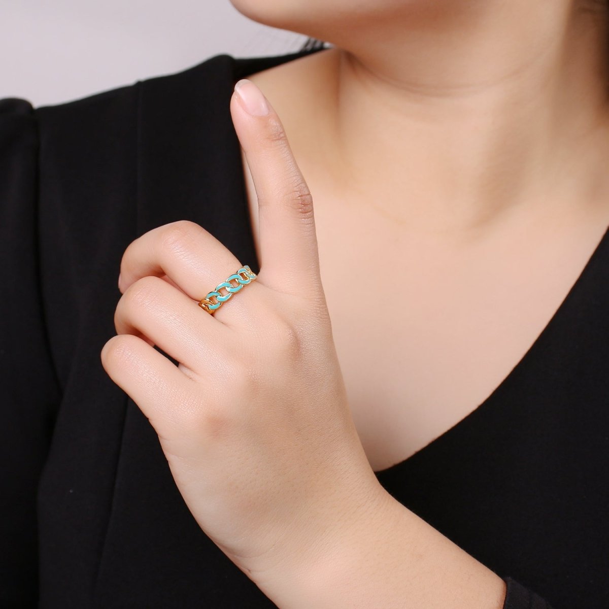 1x Enamel Gold Curb Chain Ring, Statement Ring, Chunky Link Chain Ring, Stackable Ring Thick Gold Ring Open Gold Ring gift for her - DLUXCA