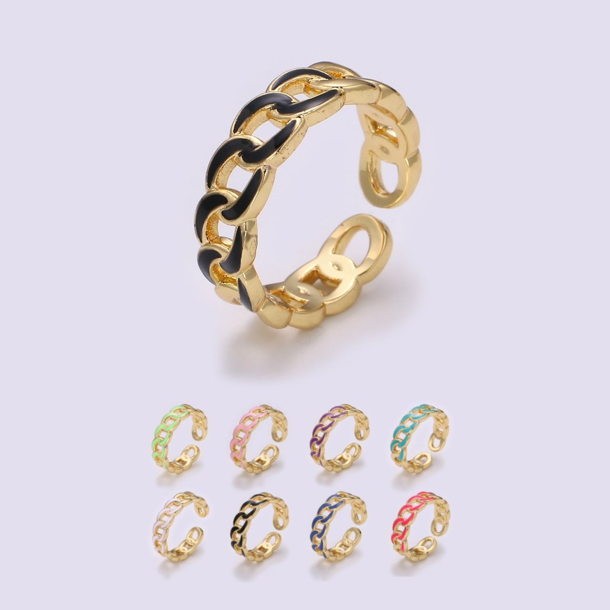 1x Enamel Gold Curb Chain Ring, Statement Ring, Chunky Link Chain Ring, Stackable Ring Thick Gold Ring Open Gold Ring gift for her - DLUXCA