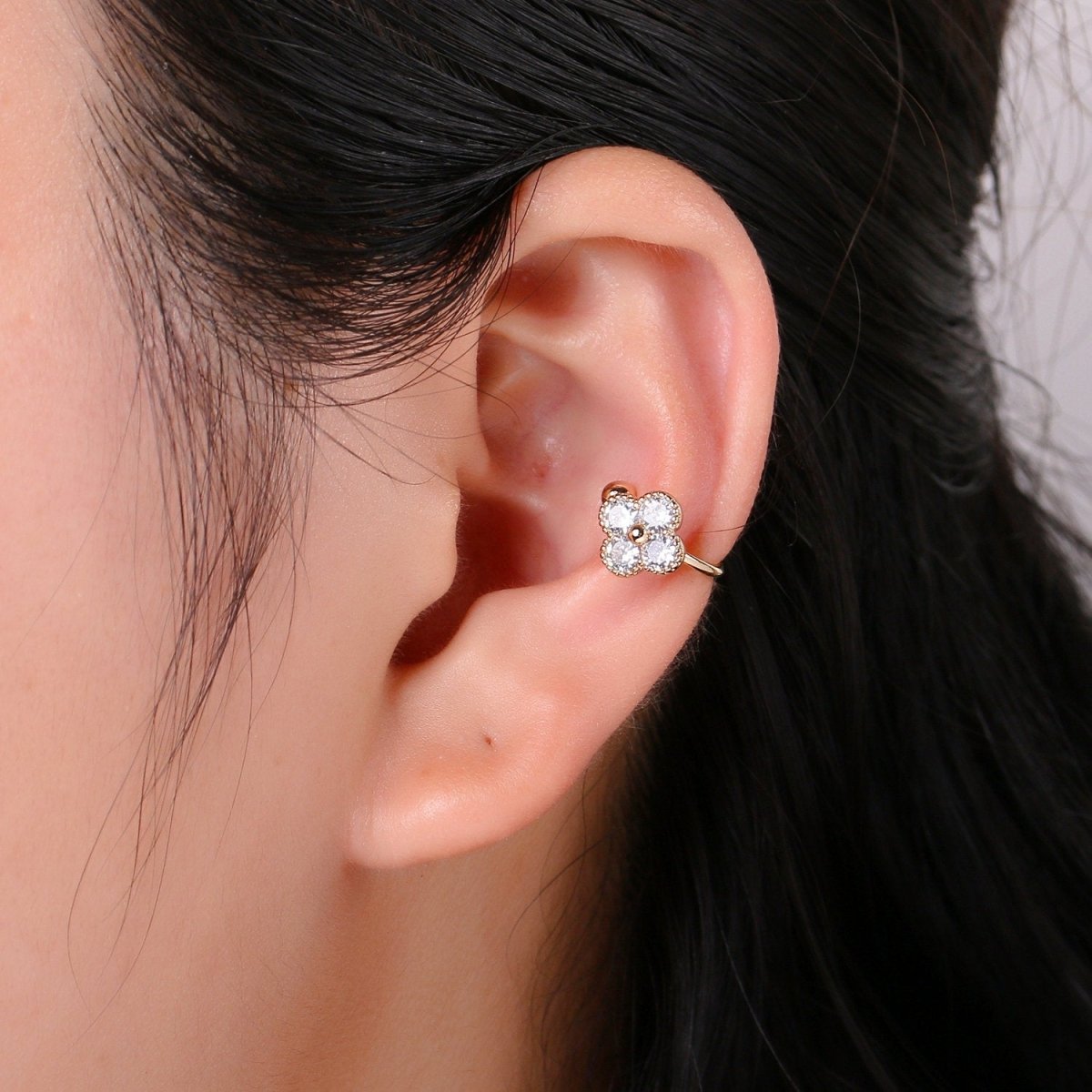 1x Gold Ear Cuff, Flower cuff, Micro Pavé Cubic zirconia, gold cuff, cz diamonds, no piercing cartilage earrings, Christmas gift for her AI-135 - DLUXCA