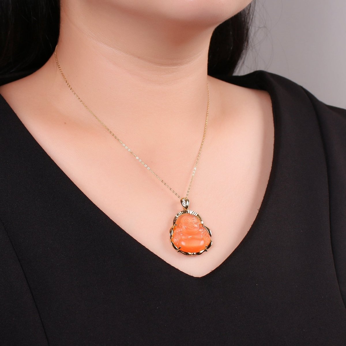 1x Gold Laughing Buddha Pendant Crystal Quartz Thai Buddha Charm Necklace in 14k Gold Filled Pendant for Statement Necklace O-203 ~ O-210 O-226 ~ O-232 - DLUXCA