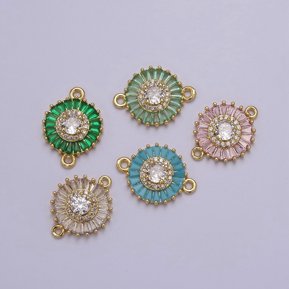 20.6x15.2mm 24k Gold Filled Pave Circle Bracelet Charm, Baguette Stone Bracelet Charm, Two-Hole Round Charm, Pave Sunburs Link Connector F-116 F-117 F-122 F-132 F-155 - DLUXCA