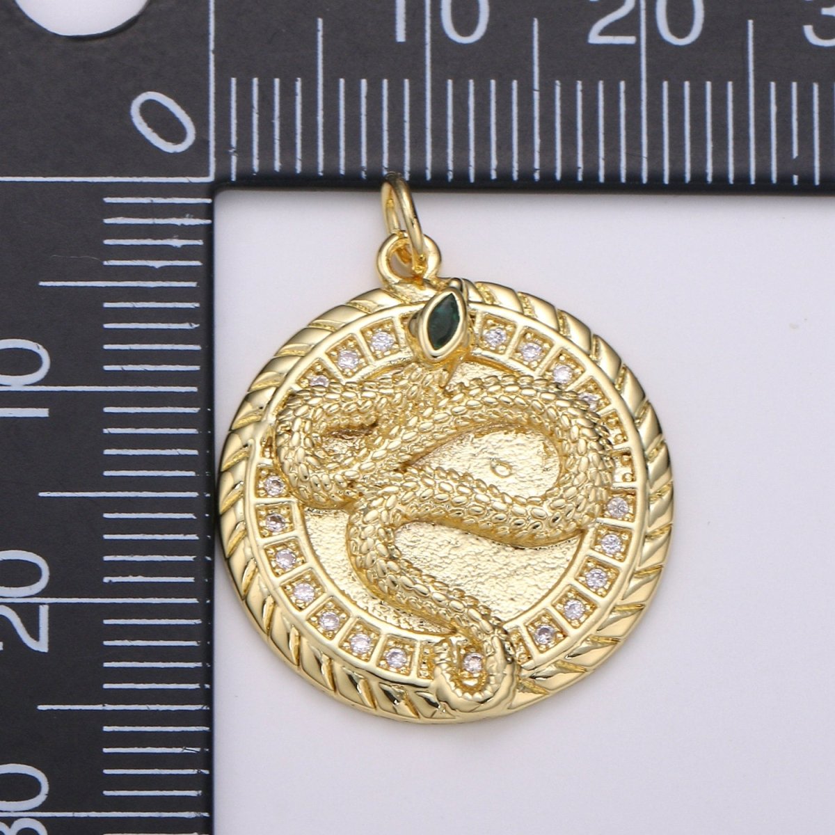 21mm 14k Gold Filled Snake Medallion CZ Pave Snake Charms, Green Eye Serpent Pendant, Micro Pave Snake Charm Coin Disc Snake Medallion D-225 - DLUXCA