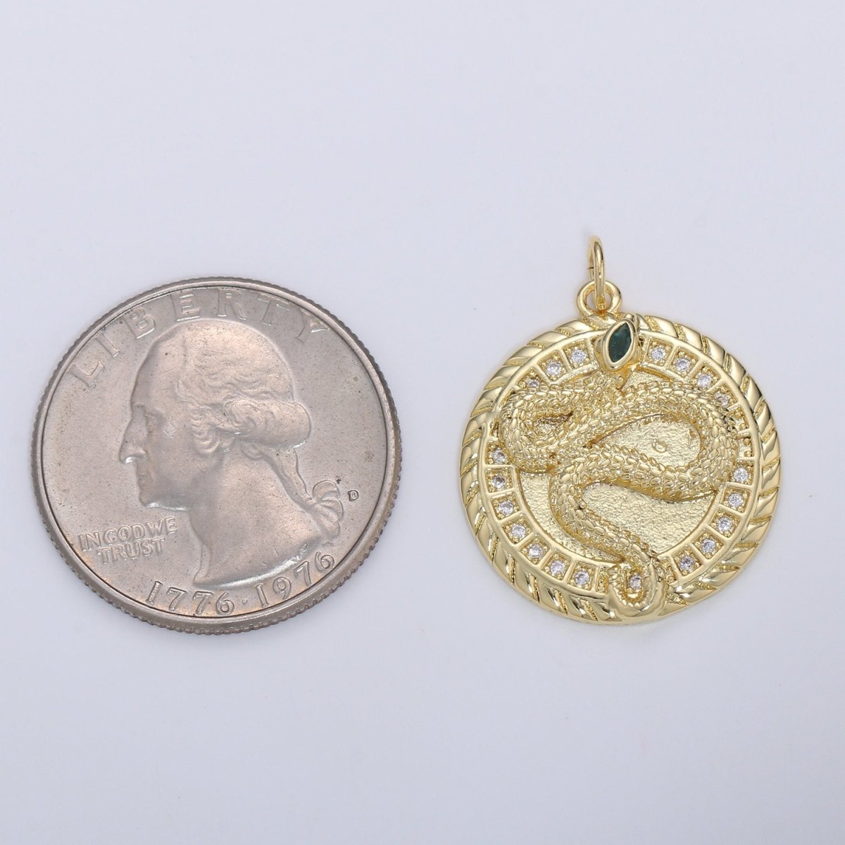 21mm 14k Gold Filled Snake Medallion CZ Pave Snake Charms, Green Eye Serpent Pendant, Micro Pave Snake Charm Coin Disc Snake Medallion D-225 - DLUXCA