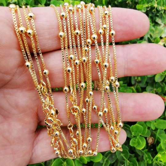 23.7 inch Box Satellite Finished Chain For Necklace Making, 24K Gold Plated Chain Necklace, 3.3mm Width Box Necklace w/ Spring Ring | CN-877 Clearance Pricing - DLUXCA