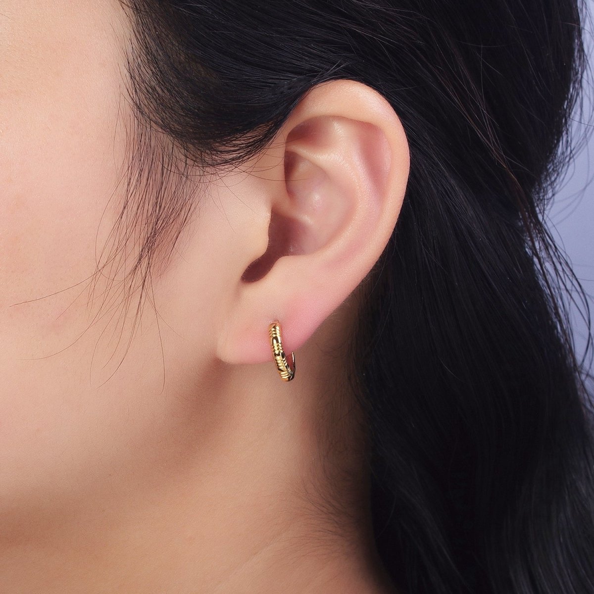 24K, 18K Gold Filled 13mm Textured Lined Huggie Earrings | AB306 AB307 - DLUXCA