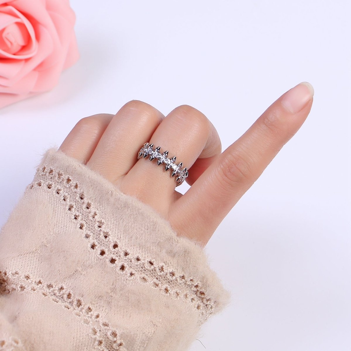 24K Gold Diamond Cubic Zirconia Spikes Multi-Row Ring in Gold & Silver, Adjustable Stud Ring S-352 S-353 - DLUXCA