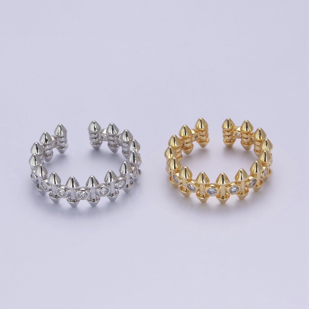 24K Gold Diamond Cubic Zirconia Spikes Multi-Row Ring in Gold & Silver, Adjustable Stud Ring S-352 S-353 - DLUXCA