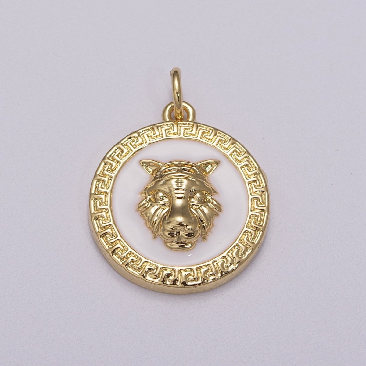 24k Gold Filed CZ Micro Pave Embossment Wolf Head On Round Coin Pendant Medallion Charm Cubic Zirconia M-904 M-905 - DLUXCA