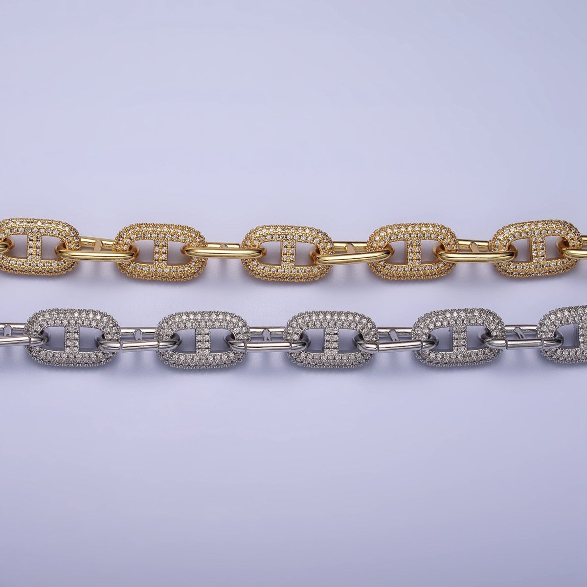 24K Gold Filled 10.7mm Half Micro Paved CZ Mariner 17 Inch Chain Necklace in Gold & Silver | WA-1613 WA-1614 Clearance Pricing - DLUXCA