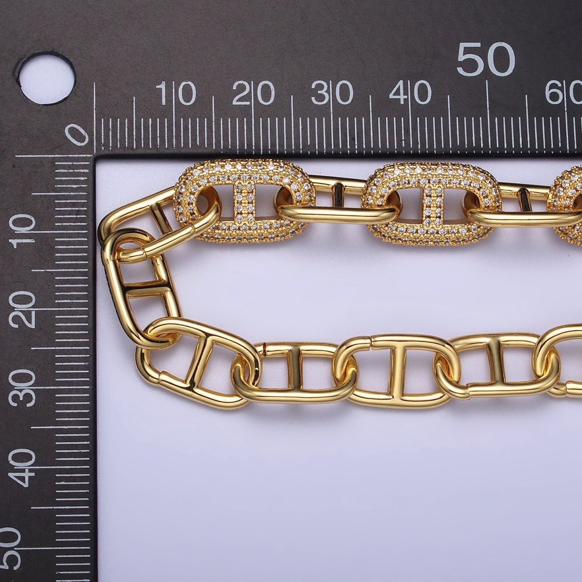 24K Gold Filled 10.7mm Half Micro Paved CZ Mariner 17 Inch Chain Necklace in Gold & Silver | WA-1613 WA-1614 Clearance Pricing - DLUXCA