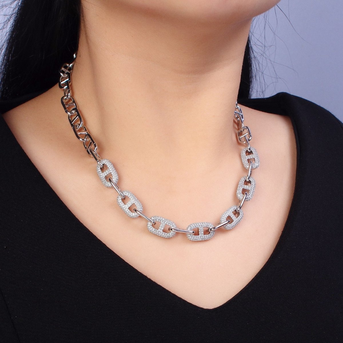 24K Gold Filled 10.7mm Half Micro Paved CZ Mariner 17 Inch Chain Necklace in Gold & Silver | WA-1613 WA-1614 Clearance Pricing - DLUXCA