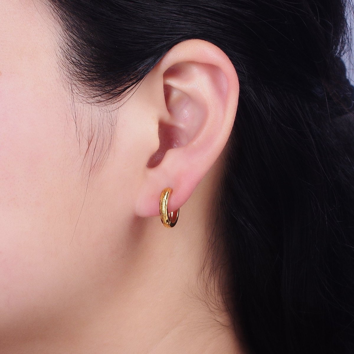 24K Gold Filled 11mm, 13mm, 14mm Edged Line Dented Huggie Hoop Earrings | AD1377 - AD1379 - DLUXCA