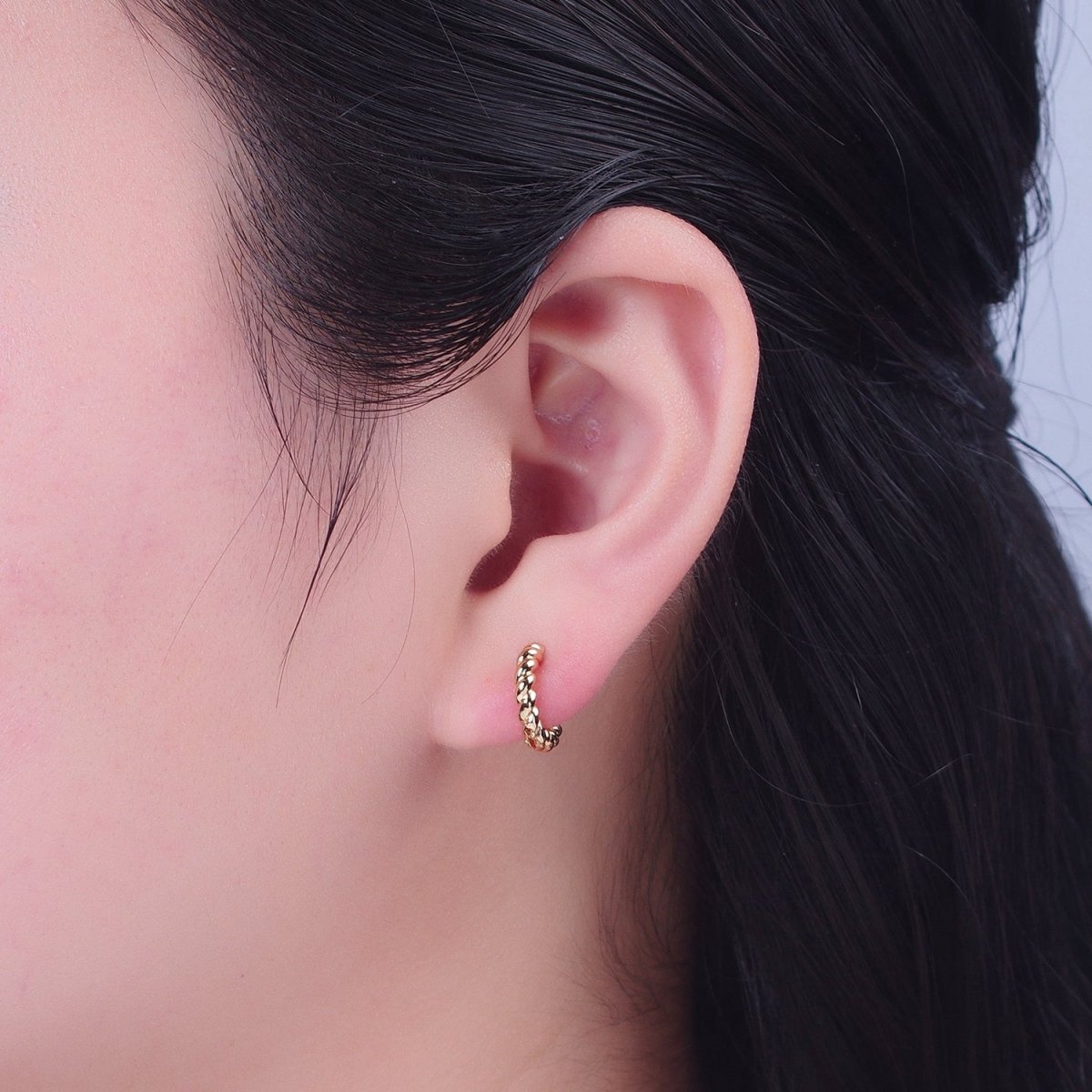 24K Gold Filled 12.5x11.5mm Mini Croissant Twist Huggie Hoop Earrings P-312 - DLUXCA