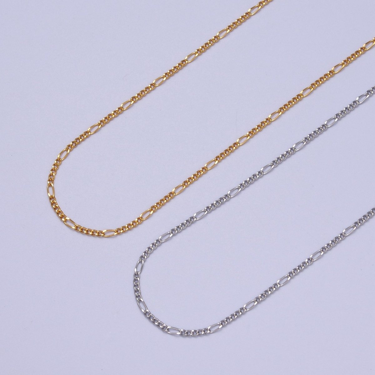 24K Gold Filled 1.7mm Figaro Dainty Unfinished Bulk Chain in Gold & Silver | ROLL-984, ROLL-985 Clearance Pricing - DLUXCA