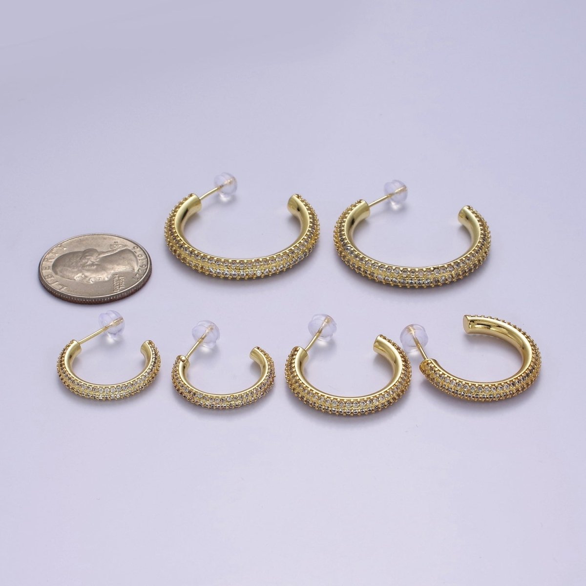 24K Gold Filled 20mm, 25mm, 35mm Clear CZ Micro Paved C Shaped Hoop Stud Earrings | V164 - V166 - DLUXCA