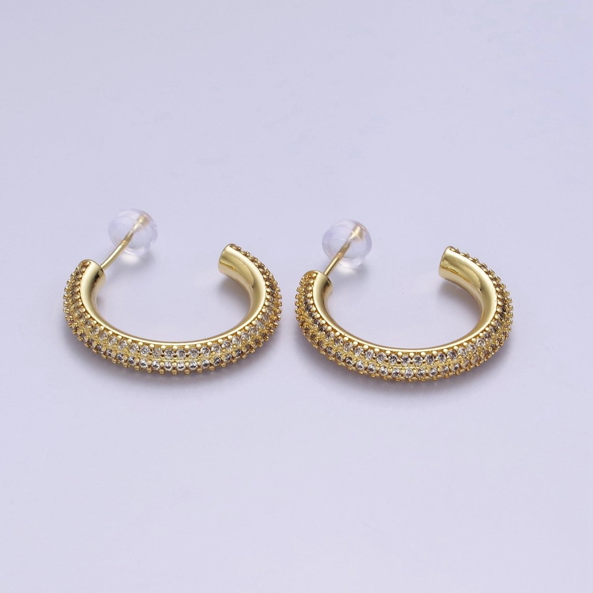 24K Gold Filled 20mm, 25mm, 35mm Clear CZ Micro Paved C Shaped Hoop Stud Earrings | V164 - V166 - DLUXCA