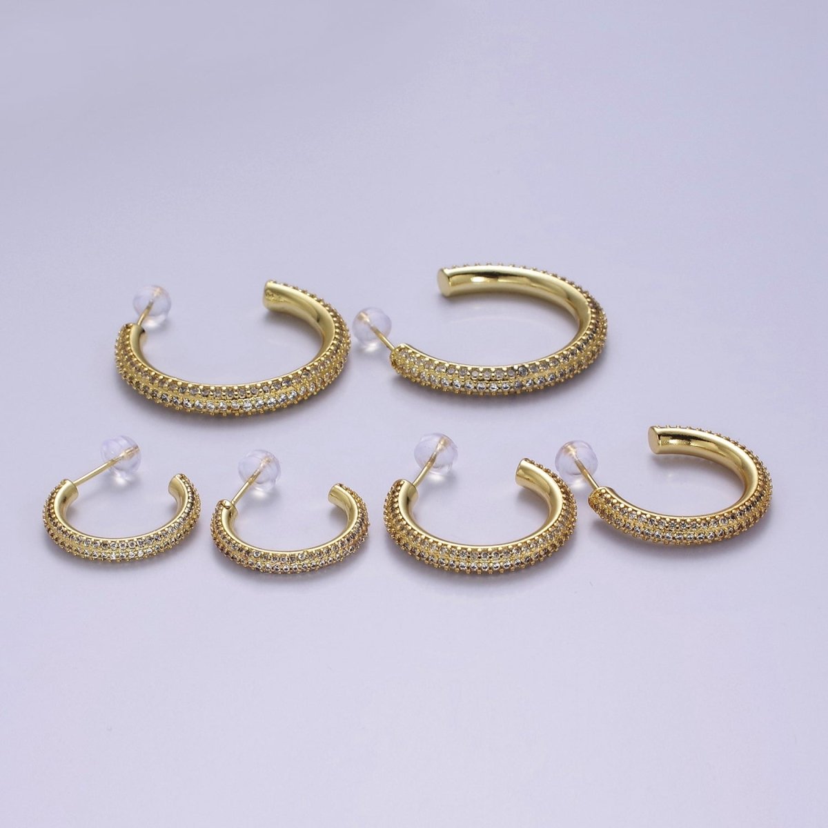 24K Gold Filled 20mm, 25mm, 35mm Clear CZ Micro Paved C Shaped Hoop Stud Earrings | V164 - V166 - DLUXCA