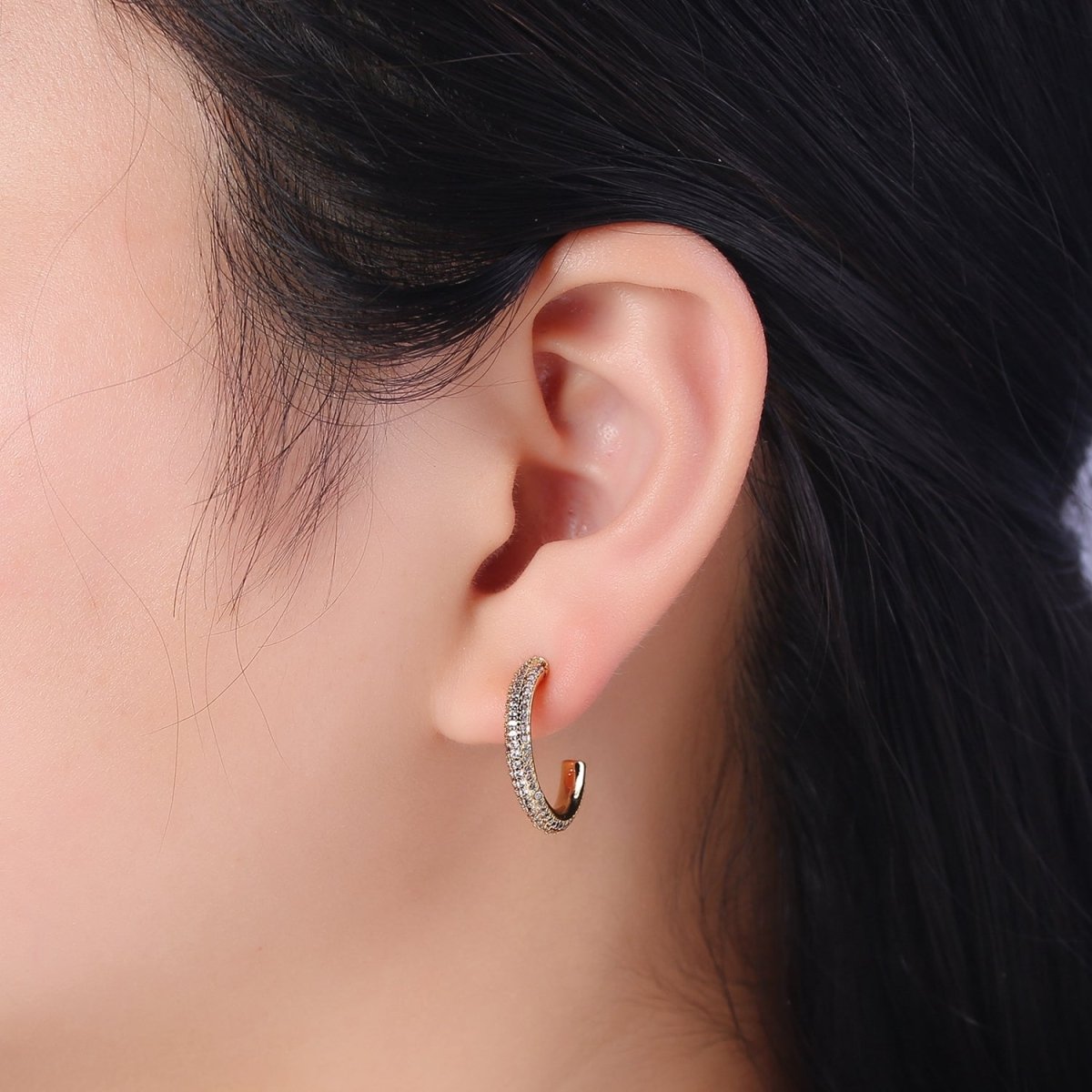 24K Gold Filled 20mm, 25mm, 35mm Clear CZ Micro Paved C Shaped Hoop Stud Earrings | V164 - V166 - DLUXCA