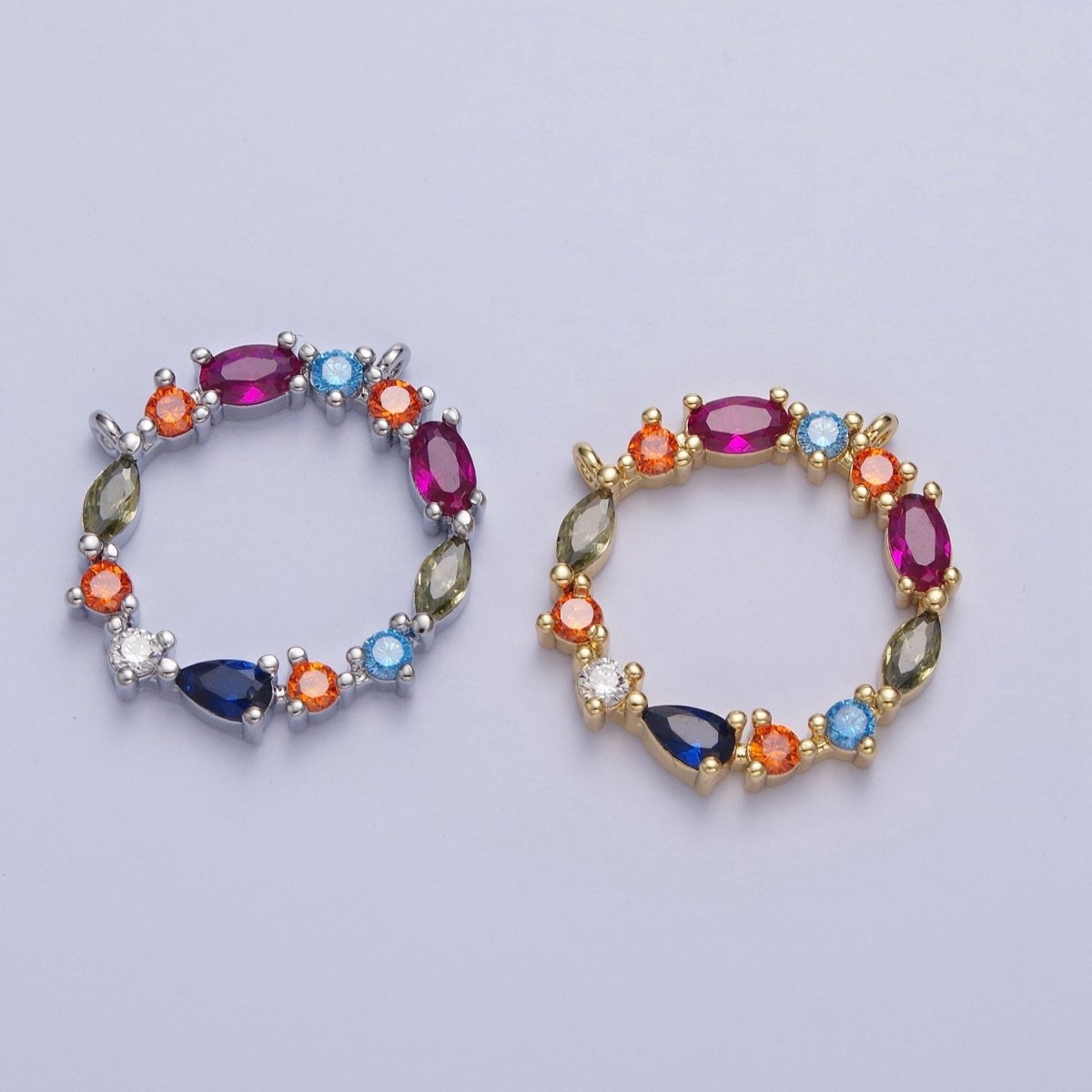 24K Gold Filled 20mm Multicolor Cubic Zirconia Round Connector in Silver / Gold For Jewelry Making G-873 G-874 - DLUXCA