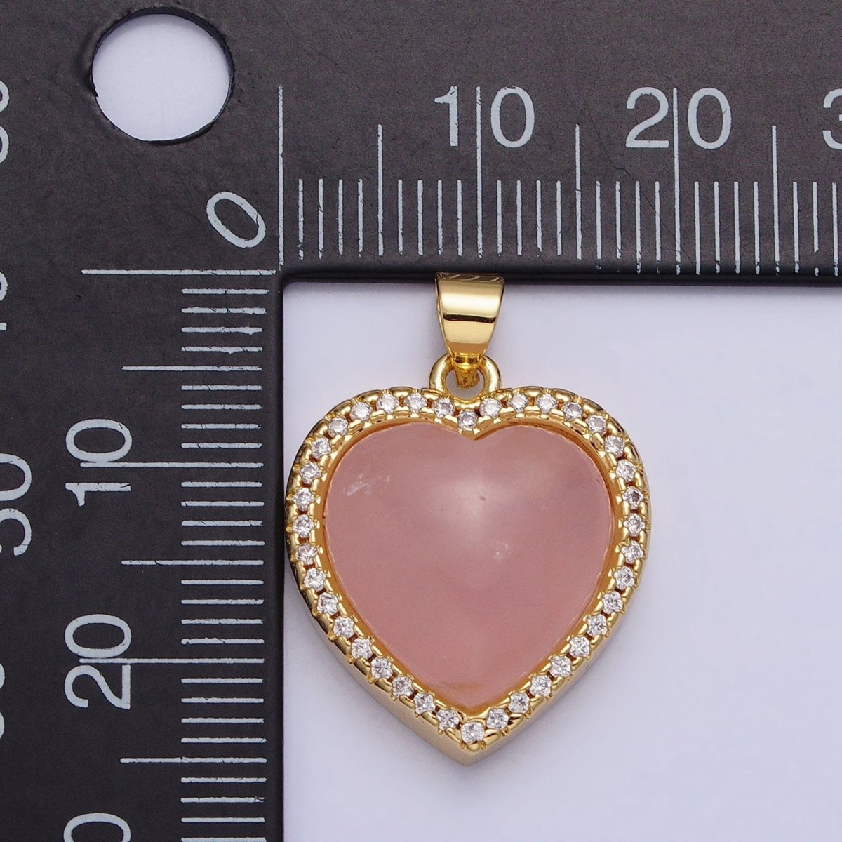 24K Gold Filled 23mm, 25mm, 31mm Heart Rose Quartz Natural Gemstone Micro Paved Pendant | AA279 AA276 AA278 - DLUXCA