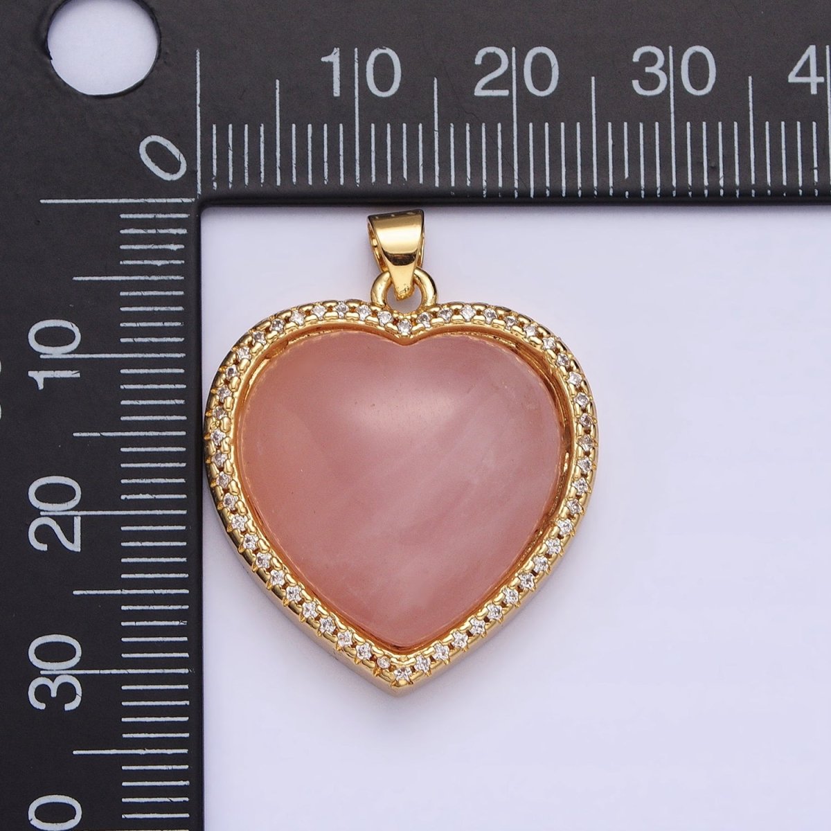 24K Gold Filled 23mm, 25mm, 31mm Heart Rose Quartz Natural Gemstone Micro Paved Pendant | AA279 AA276 AA278 - DLUXCA